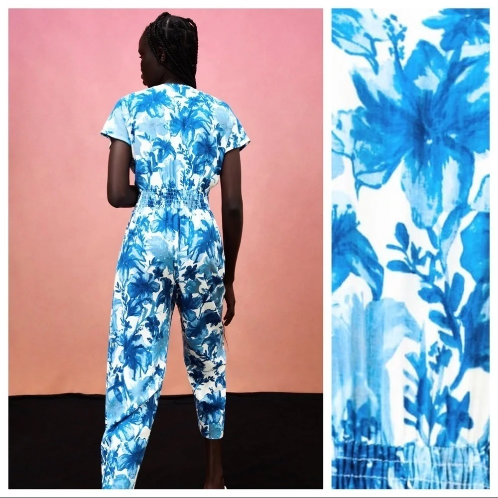 NWT. Zara Ecru/Blue Viscose/Linen Floral Print Jumpsuit. Size S.
